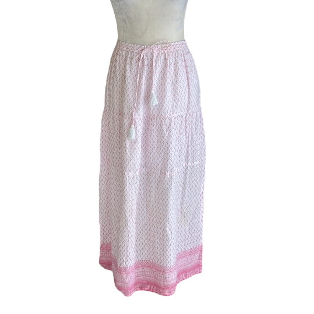 Madison Mathews Pink & White Printed Tie Waist Tassel Tiered Maxi Slip Skirt - M